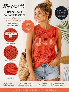Madewell Open Knit Sweater Vest Tank Top Coral Orange Size Small